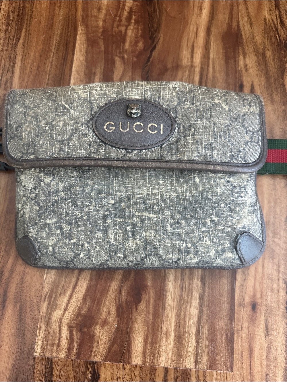 Authentic Gucci Distressed Monogram Belt Bag with Green-Red Web